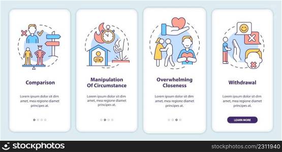 Signals of emotional manipulation onboarding mobile app screen. Walkthrough 4 steps graphic instructions pages with linear concepts. UI, UX, GUI template. Myriad Pro-Bold, Regular fonts used. Signals of emotional manipulation onboarding mobile app screen