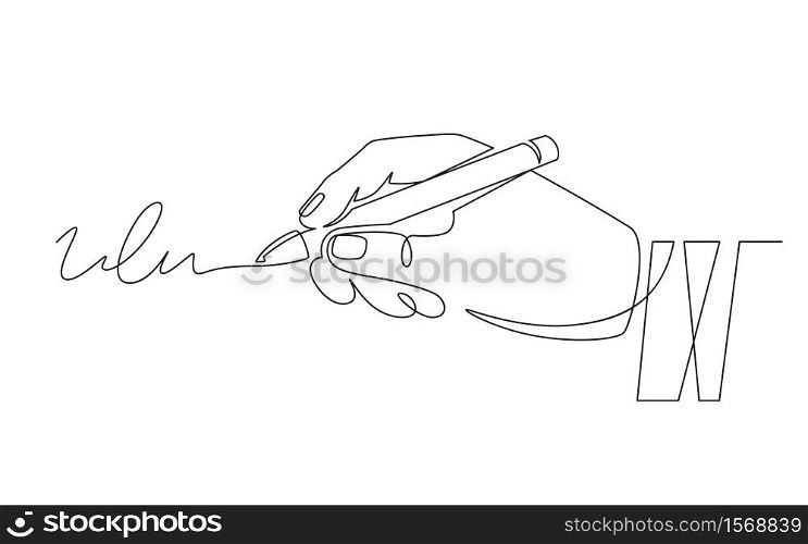 Signature and hand. Document signing, hand with pen signed contract. Person authentication, autograph, deal continuous line vector concept. Signature document pen, contract agreement illustration. Signature and hand. Document signing, hand with pen signed contract. Person authentication, autograph, deal continuous line vector concept