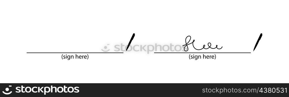 Signature icon. Signature with pen. Write of sign on paper. Write of lease, agreement, report. Handwritten autograph for document. Isolated icon. Vector.