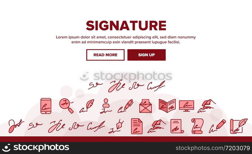 Signature Signing Landing Web Page Header Banner Template Vector. Human Own Signature On Partnership Agreement And Message, Writing Pen And Feather Illustrations. Signature Signing Landing Header Vector
