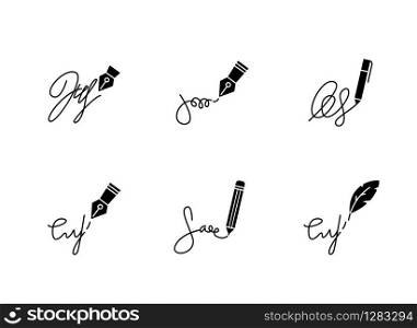 Signatures Apostille and legalization. Handwriting. Autograph. Proof of identity, consent. Notary services. black glyph icons set on white space. Silhouette symbols. Vector isolated illustration