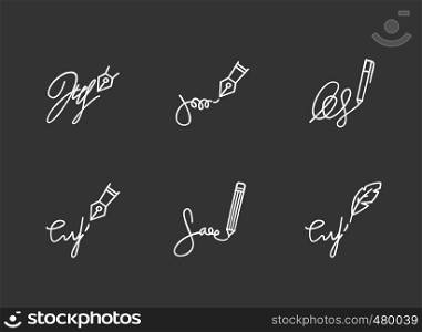 Signatures chalk white icons set on black background. Apostille and legalization. Handwriting. Autograph. Proof of identity, consent. Notary services. Isolated vector chalkboard illustrations