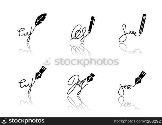 Signatures drop shadow black glyph icons set. Apostille and legalization. Handwriting. Autograph. Proof of identity. Evidence of consent. Notary services. Isolated vector illustrations on white space