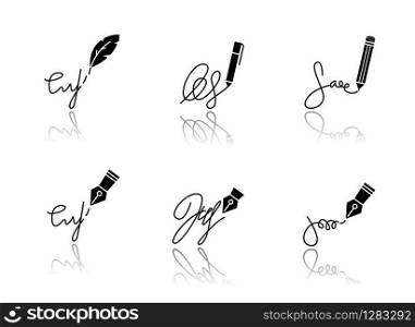 Signatures drop shadow black glyph icons set. Apostille and legalization. Handwriting. Autograph. Proof of identity. Evidence of consent. Notary services. Isolated vector illustrations on white space
