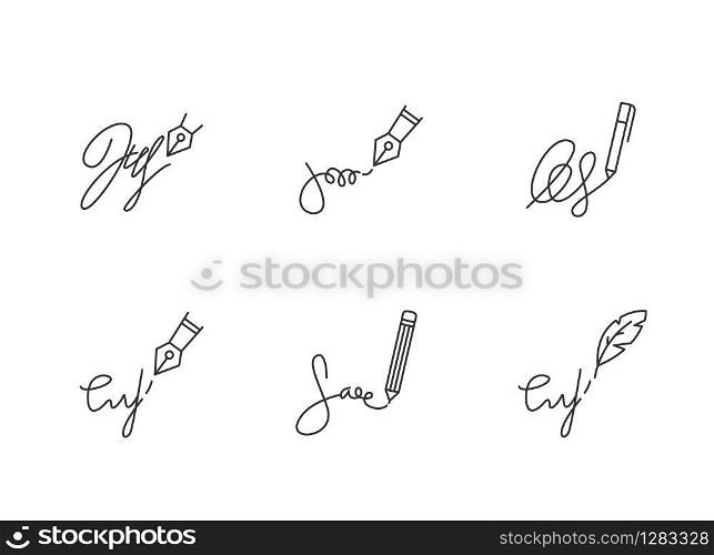 Signatures pixel perfect linear icons set. Handwriting. Autograph. Proof of identity. Evidence of consent. Customizable thin line contour symbol. Isolated vector outline illustrations. Editable stroke