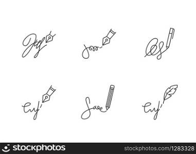 Signatures pixel perfect linear icons set. Handwriting. Autograph. Proof of identity. Evidence of consent. Customizable thin line contour symbol. Isolated vector outline illustrations. Editable stroke