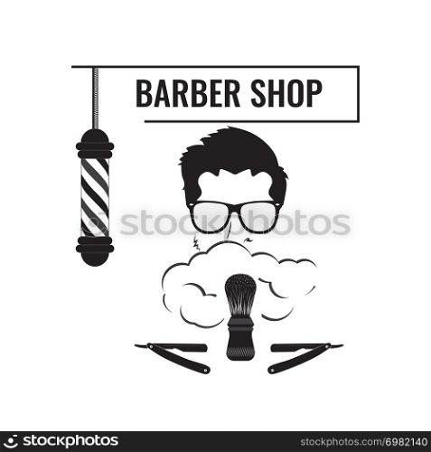 Signboard for Barber shops and beauty salons. Image of a man wearing glasses with shaving foam on his face. Vector image is made on a white background, in black and white colors.. Barber Haircut and Shave
