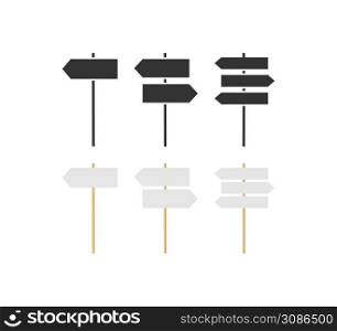 Signboard with wooden pole icon set. Direcion sign post illustration symbol. Banner board vector flat.