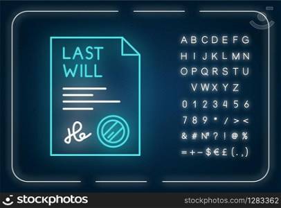 Signed last will neon light icon. Document with stamp. Notarized testament. Apostille. Outer glowing effect. Sign with alphabet, numbers and symbols. Vector isolated RGB color illustration