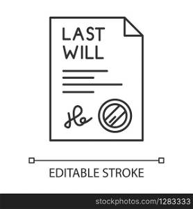 Signed last will pixel perfect linear icon. Document with stamp. Notarized testament. Legal paper. Thin line customizable illustration. Contour symbol. Vector isolated outline drawing. Editable stroke