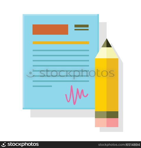 Signed Office Document with Pencil Isolated.. Signed office document with pencil isolated. Paper sheet with pencil pen. Office document page, note paper, stationery accessory, paperwork. Business strategy, search for solutions concept. Vector