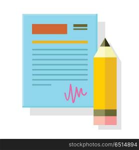 Signed Office Document with Pencil Isolated.. Signed office document with pencil isolated. Paper sheet with pencil pen. Office document page, note paper, stationery accessory, paperwork. Business strategy, search for solutions concept. Vector