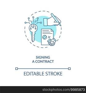 Signing a contract concept icon. Contract lifecycle steps. Agreeing to terms between two different companies idea thin line illustration. Vector isolated outline RGB color drawing. Editable stroke. Signing a contract concept icon