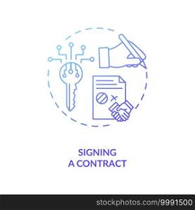 Signing a contract concept icon. Contract lifecycle steps. Agreeing to rules and terms between two different companies sides idea thin line illustration. Vector isolated outline RGB color drawing. Signing a contract concept icon