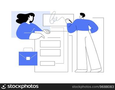 Signing contract isolated cartoon vector illustrations. Applicant signing contract with new company, HR department, headhunting, getting job, human resources management vector cartoon.. Signing contract isolated cartoon vector illustrations.
