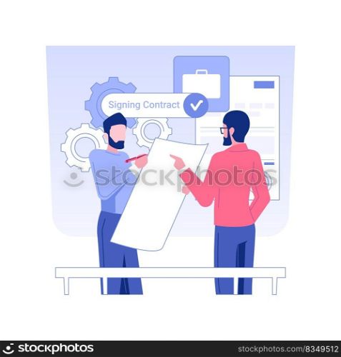 Signing contract isolated concept vector illustration. Employee signing a new job contract, HR management, human resources, recruiting idea, headhunting agency, pursue career vector concept.. Signing contract isolated concept vector illustration.