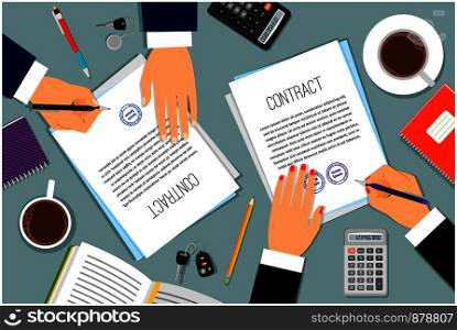 Signing contract or shipping document vector illustration. Businessman hands signing paper documents on desk. Businessman hands signing documents