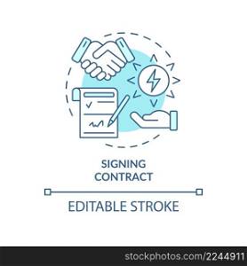 Signing contract turquoise concept icon. Business deal. Power purchase agreement work abstract idea thin line illustration. Isolated outline drawing. Editable stroke. Arial, Myriad Pro-Bold fonts used. Signing contract turquoise concept icon