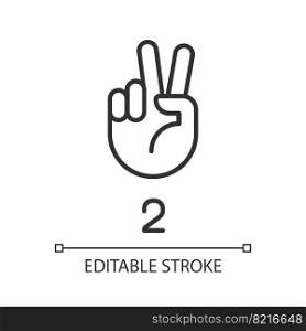 Signing digit two in ASL pixel perfect linear icon. Nonverbal communication. Gesture language. Thin line illustration. Contour symbol. Vector outline drawing. Editable stroke. Arial font used. Signing digit two in ASL pixel perfect linear icon