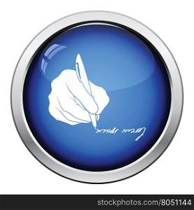 Signing hand icon. Glossy button design. Vector illustration.