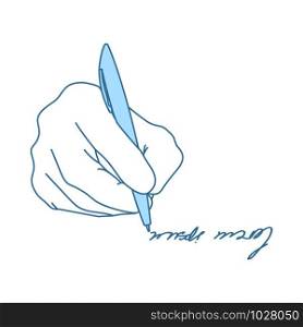 Signing Hand Icon. Thin Line With Blue Fill Design. Vector Illustration.