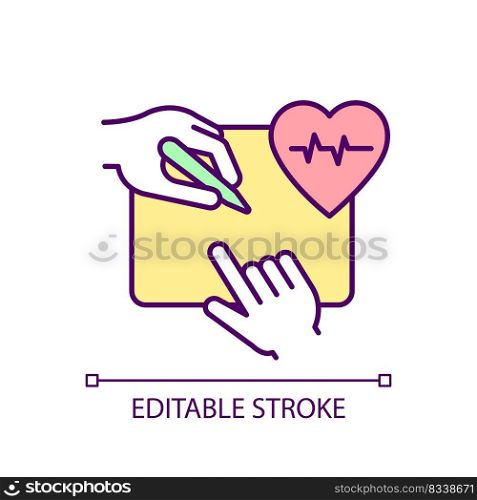 Signing health and life insurance agreement RGB color icon. Medical exam. Filling application. Isolated vector illustration. Simple filled line drawing. Editable stroke. Arial font used. Signing health and life insurance agreement RGB color icon