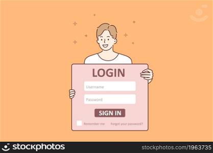 Signing in personal page concept. Young smiling boy cartoon character standing holding huge sign with username and password for login vector illustration . Signing in personal page concept.