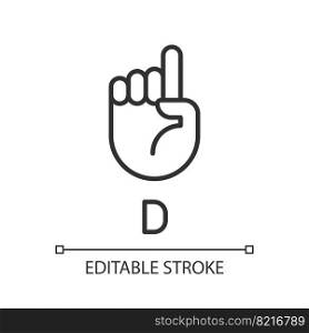 Signing letter D in ASL pixel perfect linear icon. Nonverbal system. People with deafness support. Thin line illustration. Contour symbol. Vector outline drawing. Editable stroke. Arial font used. Signing letter D in ASL pixel perfect linear icon