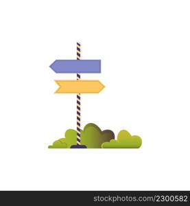 Signpost in the bushes. Colorful flat illustration isolated on white background. Amusement park concept.. Signpost in the bushes. Flat illustration isolated on white background. Amusement park concept.