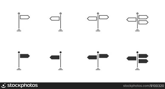 Signpost, traffic direction board icons set. Glyph and outline  black icon. Road signs flat vector isolated illustration for web design