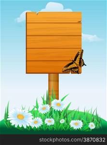 Signpost. wooden sign boards with flowers and butterfly. Vector illustration. wooden sign boards