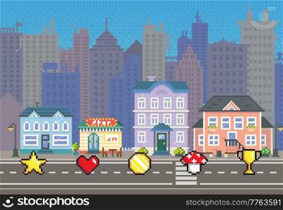 Signs and symbols of items collected during pixel-game against background of downtown landscape. City with long road along houses with pixelated coin star heart cup. Pixel 8 bit retro video game. Signs and symbols of items collected during pixel-game against background of downtown landscape
