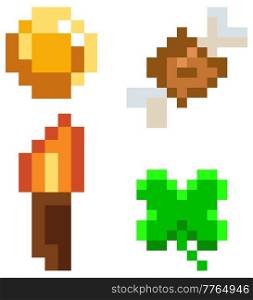Signs and symbols of items collected during pixel-game set of objects on white background. Pixel interface layout design with pixelated coin, leaf, meat bone, torch . Pixel 8 bit retro video game. Pixel interface layout design with pixelated coin, leaf, meat bone, torch on white background