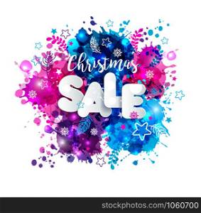 Signs christmas sale in paper style on multicolor hand drawn blots background. Vector christmas illustration.. Signs christmas sale in paper style on multicolor hand drawn blots background.
