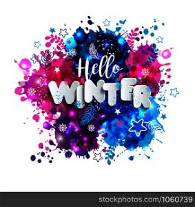 Signs hello winter in paper style on multicolor hand drawn blots background. Vector christmas illustration.. Signs hello winter in paper style on multicolor hand drawn blots background.