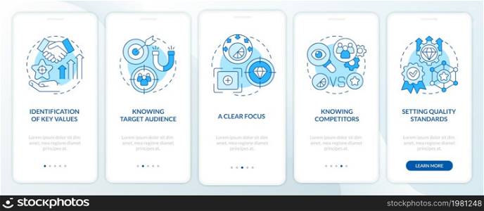 Signs of a good brand blue onboarding mobile app page screen. Business management walkthrough 5 steps graphic instructions with concepts. UI, UX, GUI vector template with linear color illustrations. Signs of a good brand blue onboarding mobile app page screen