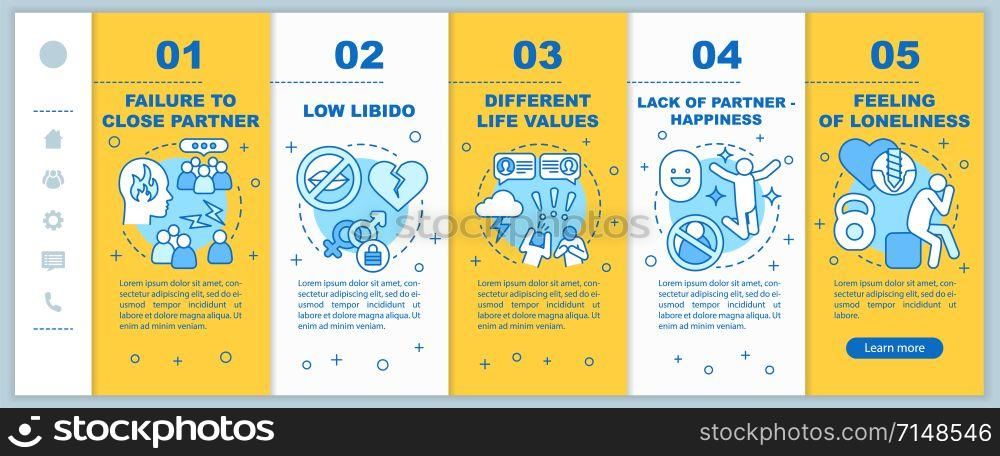 Signs of relationships trouble onboarding mobile web pages vector template. Responsive smartphone website interface idea with linear illustrations. Webpage walkthrough step screens. Color concept