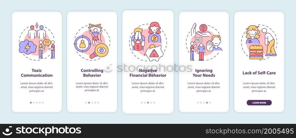 Signs of toxic relationships onboarding mobile app page screen. Controlling behavior walkthrough 5 steps graphic instructions with concepts. UI, UX, GUI vector template with linear color illustrations. Signs of toxic relationships onboarding mobile app page screen