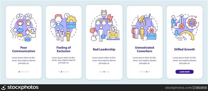Signs of toxic workplace onboarding mobile app screen. Walkthrough 5 steps graphic instructions pages with linear concepts. UI, UX, GUI template. Myriad Pro-Bold, Regular fonts used. Signs of toxic workplace onboarding mobile app screen