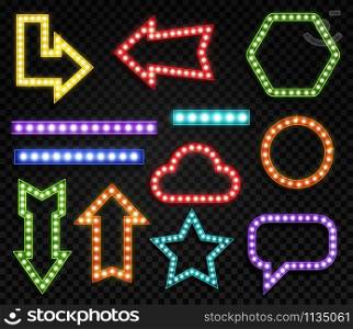 Signs with lamps. Realistic glowing symbols of different forms. Blue, red and yellow neon bulbs marketing frame for title lighting advertising vector border set. Signs with lamps. Realistic glowing symbols of different forms. Blue, red and yellow neon bulbs marketing frame for title advertising vector set