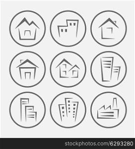 Signs with pictures of various houses and buildings