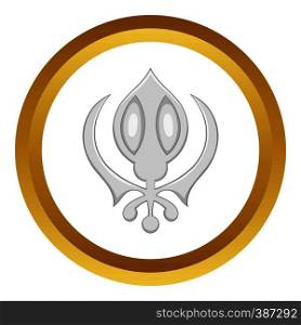 Sikhism symbol vector icon in golden circle, cartoon style isolated on white background. Sikhism symbol vector icon