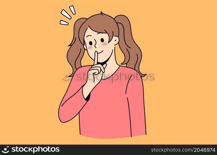 Silence and gesture language concept. Smiling girl standing showing silent gesture with hand finger over closed mouth asking to be calm vector illustration . Silence and gesture language concept.