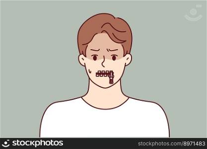 Silent man with zipper on lips is trying to hide compromising information or unpopular opinion. Silent guy with closed mouth refuses to comment and gossip due to self-censorship and cowardice . Silent man with zipper on lips is trying to hide compromising information or unpopular opinion