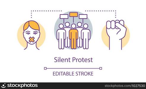 Silent protest concept icon. Civil disobedience, nonviolent resistance idea thin line illustration. Raised fist, protesters, activist with taped mouth vector isolated outline drawing. Editable stroke