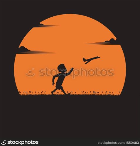 Silhouette a boy running with a paper plane in the sunset. dream, active, success, vector illustration flat design