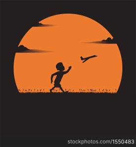 Silhouette a boy running with a paper plane in the sunset. dream, active, success, vector illustration flat design