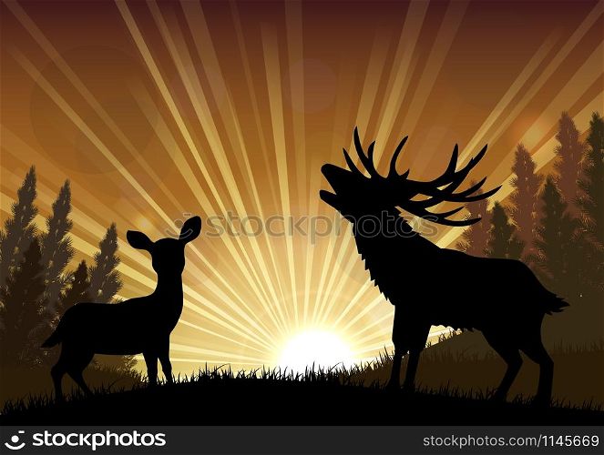 Silhouette a kangaroo and deer the standing in the bright dusk
