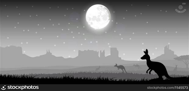Silhouette a kangaroo the feeding in the bright night. Vector