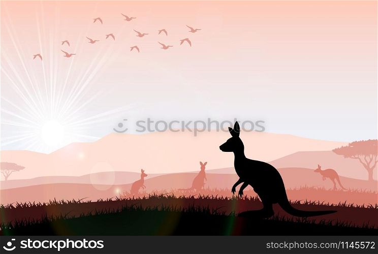 Silhouette a kangaroo the feeding in the bright sunset. Vector